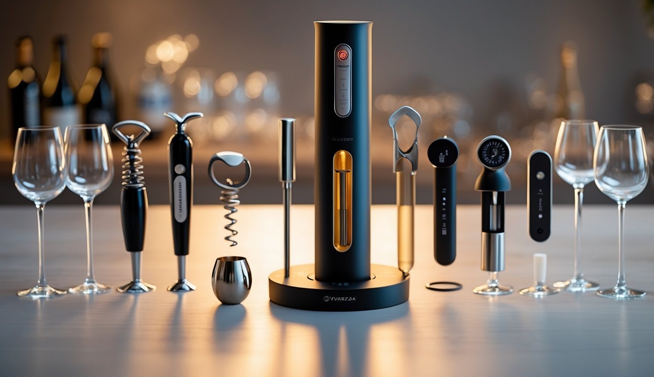 An electric wine opener surrounded by eleven essential wine tools arranged on a wooden surface.