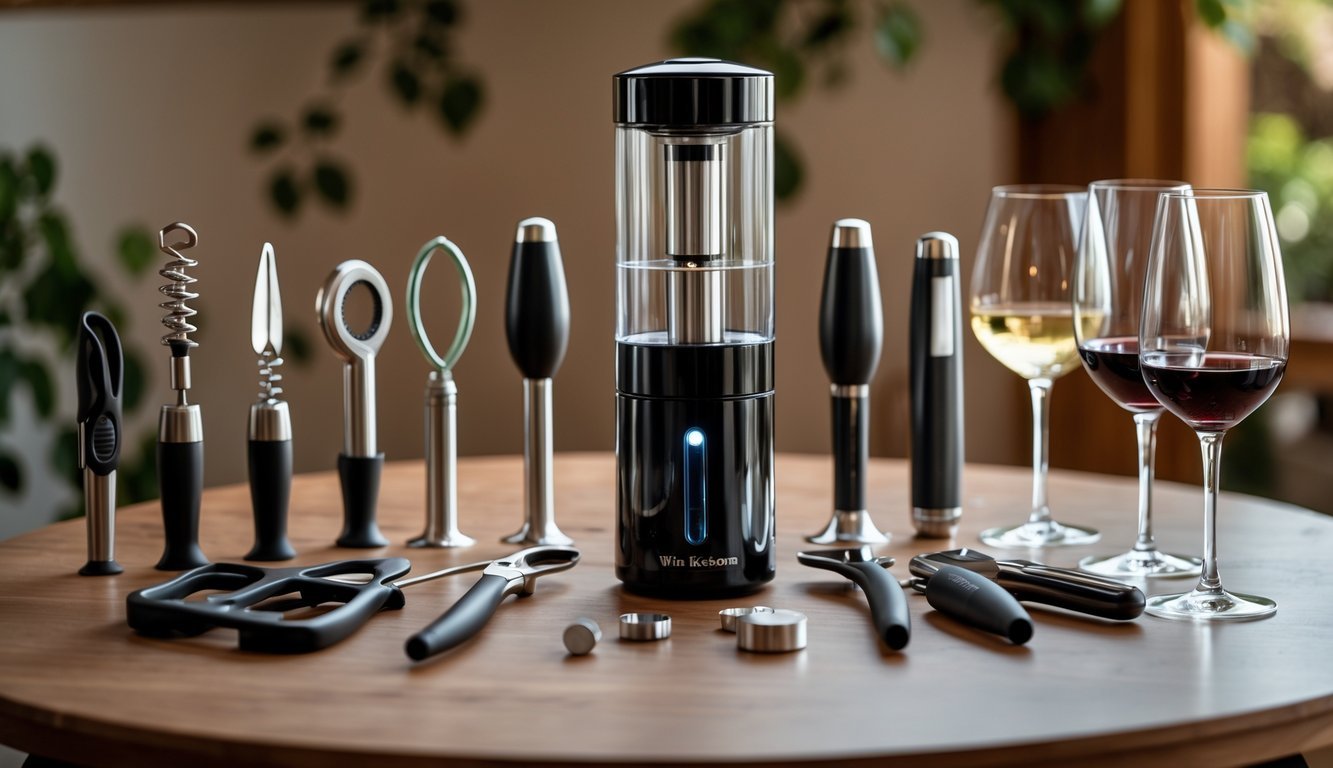 A vacuum wine preserver surrounded by eleven other wine tools arranged on a wooden table.