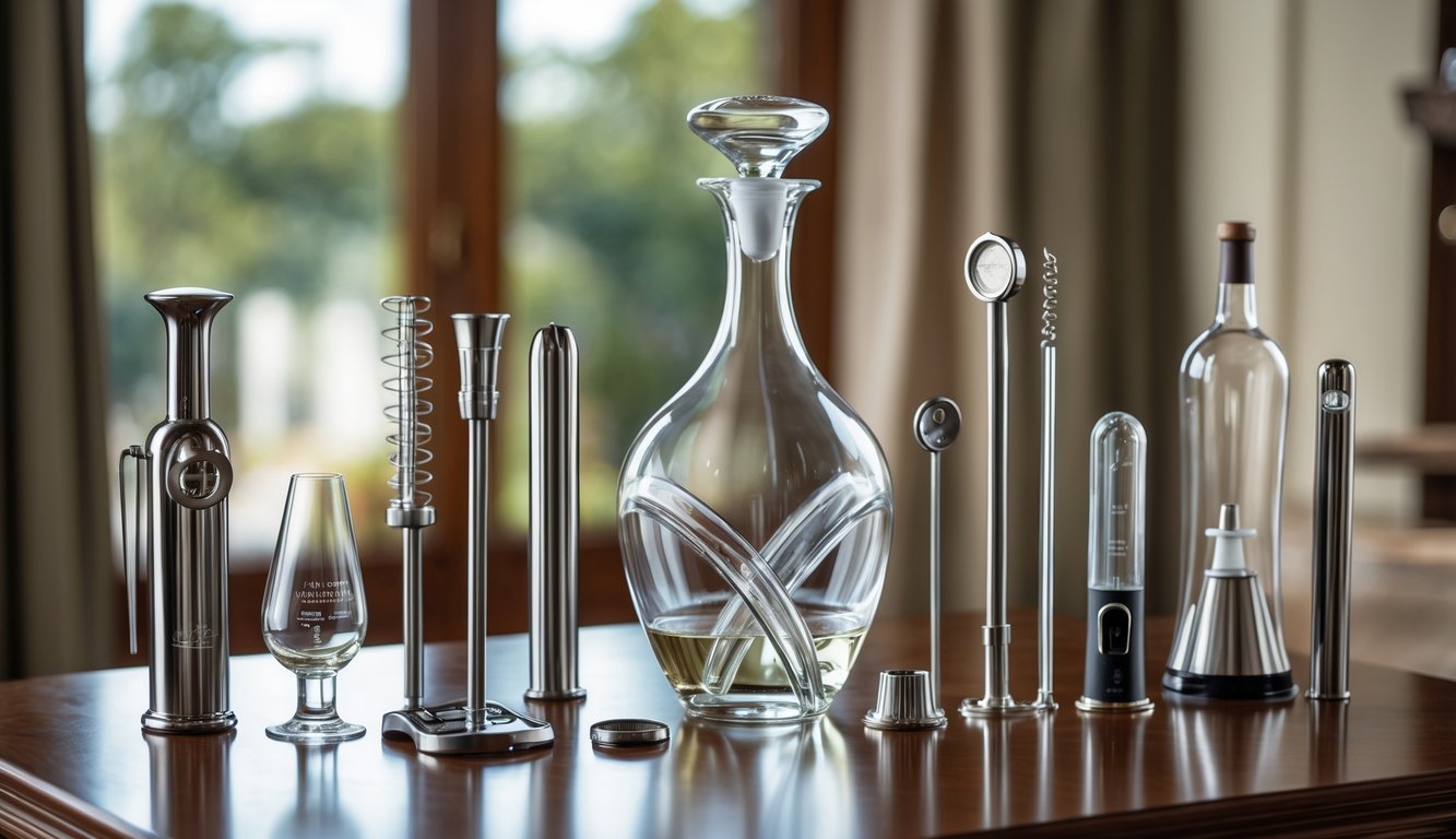 A complete wine decanter set with twelve essential wine tools arranged on a wooden table.