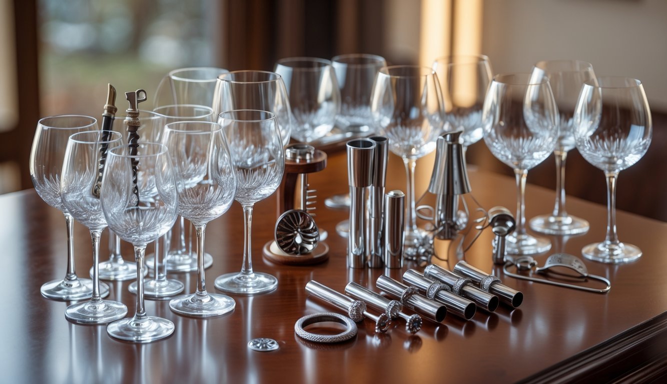 A set of fine crystal wine glasses arranged with twelve wine tools on a wooden surface.