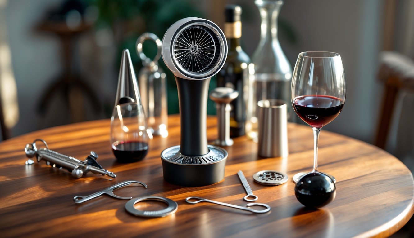 A wine aerator and eleven other wine tools arranged on a wooden table next to a glass of red wine.