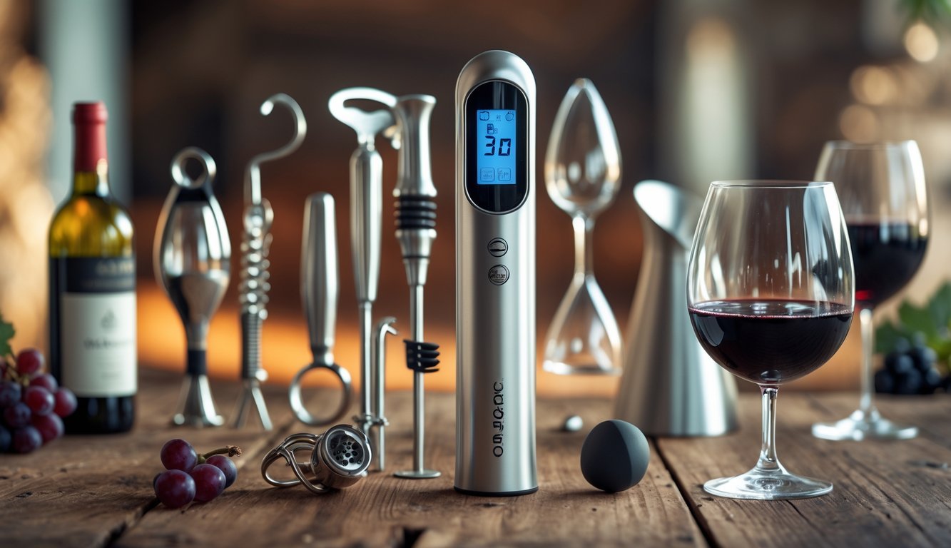 A collection of 12 wine tools including a wine thermometer, corkscrew, stopper, aerator, decanter, and a glass of red wine arranged on a wooden table.
