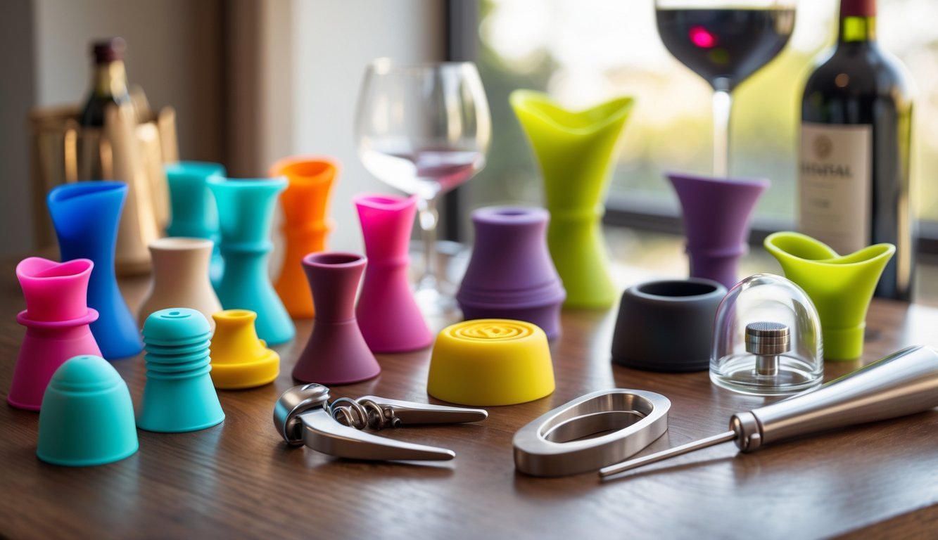 A collection of 12 essential wine tools including colorful silicone wine stoppers arranged on a wooden surface with a wine glass nearby.
