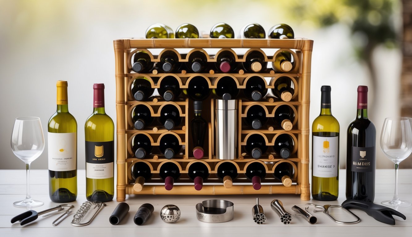 A bamboo wine rack holding wine bottles surrounded by twelve wine tools arranged on a wooden surface.
