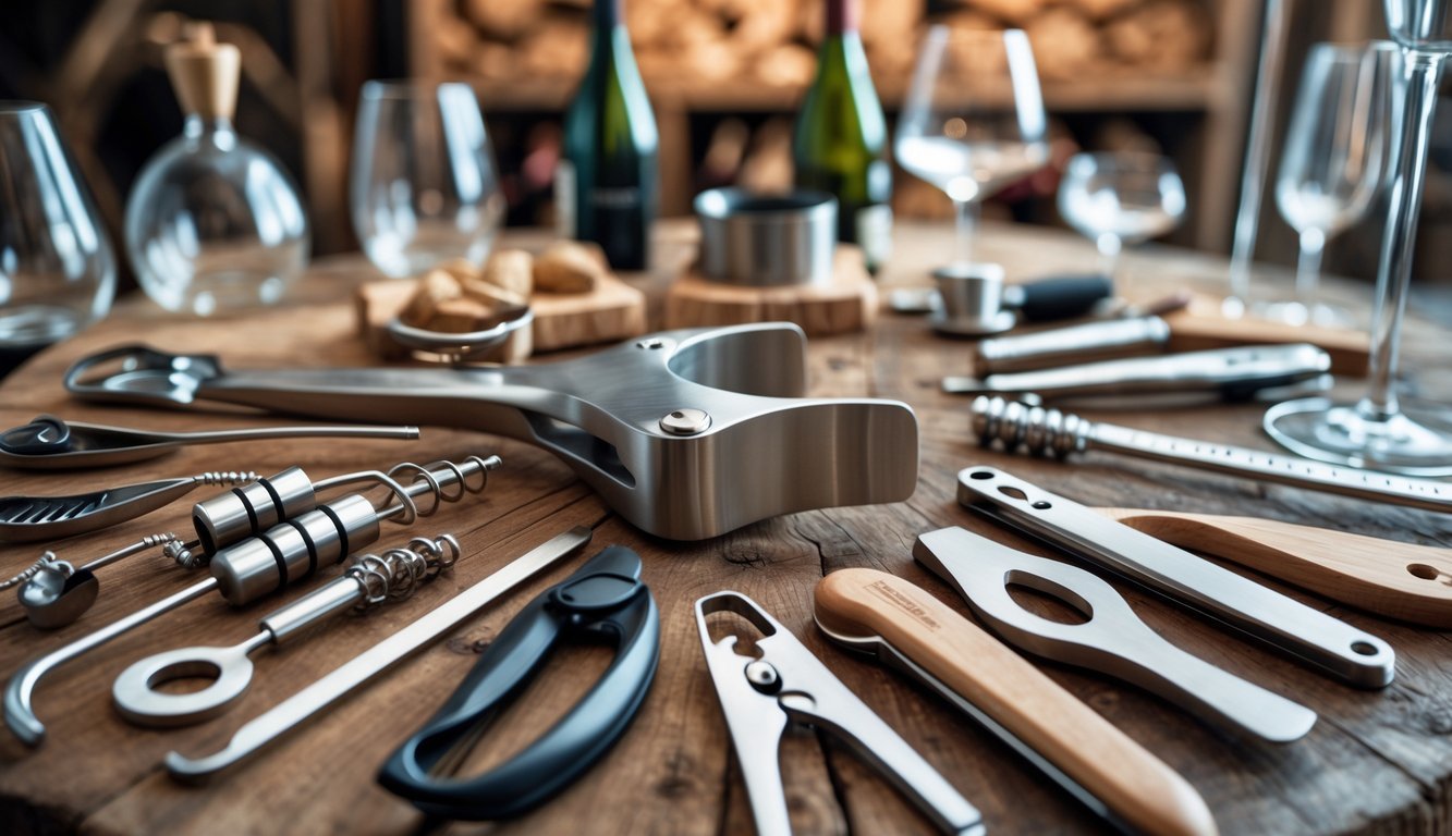A close-up of twelve essential wine tools arranged on a wooden surface, featuring a foil cutter and other wine accessories.
