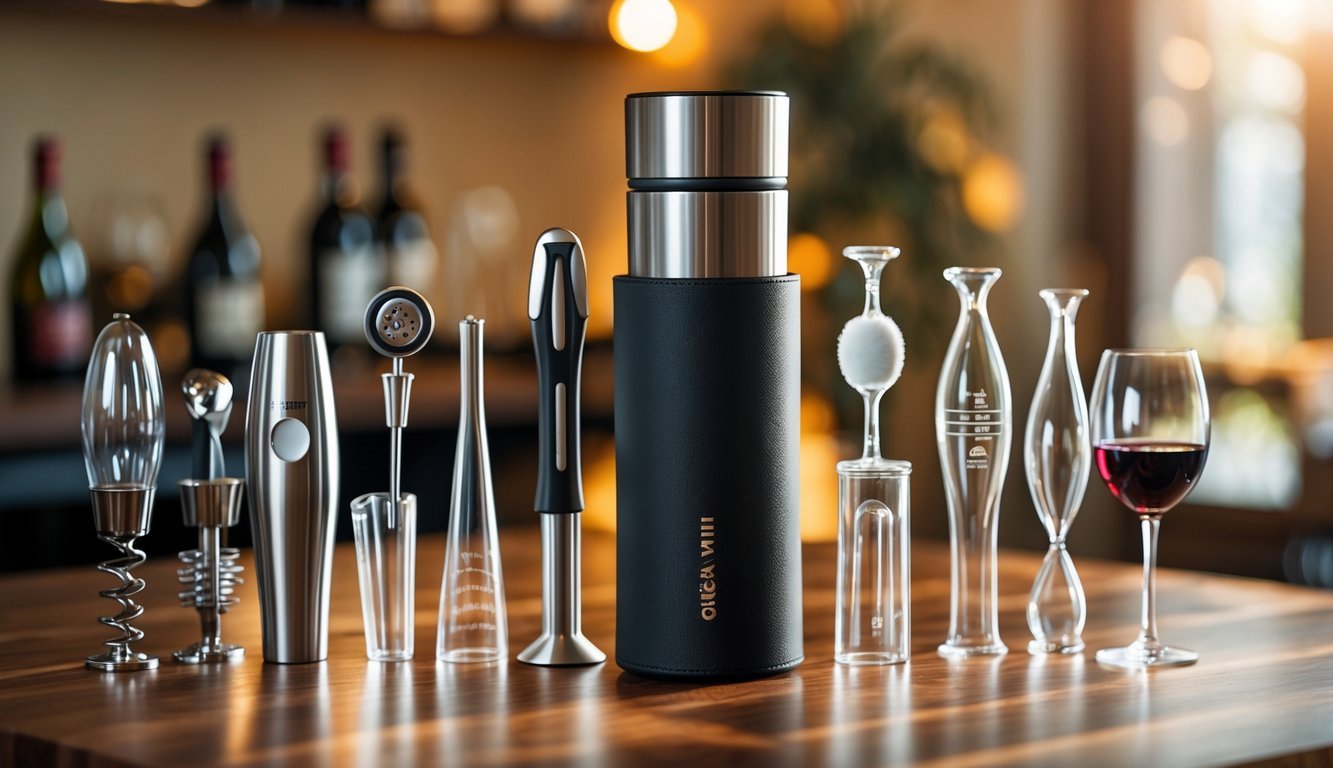 A wine chiller sleeve on a wooden table surrounded by twelve essential wine tools arranged neatly.