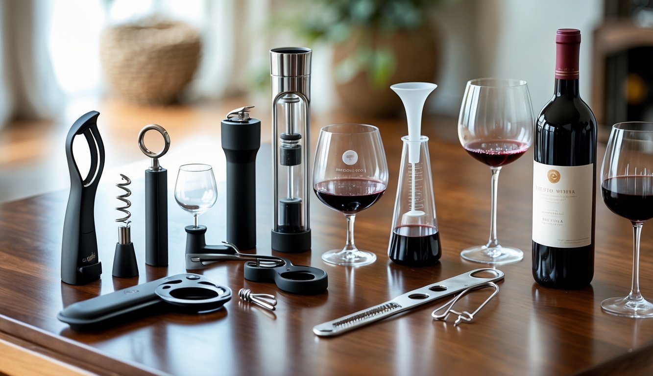 A neatly arranged collection of essential wine tools and accessories on a wooden table with a glass and bottle of red wine.