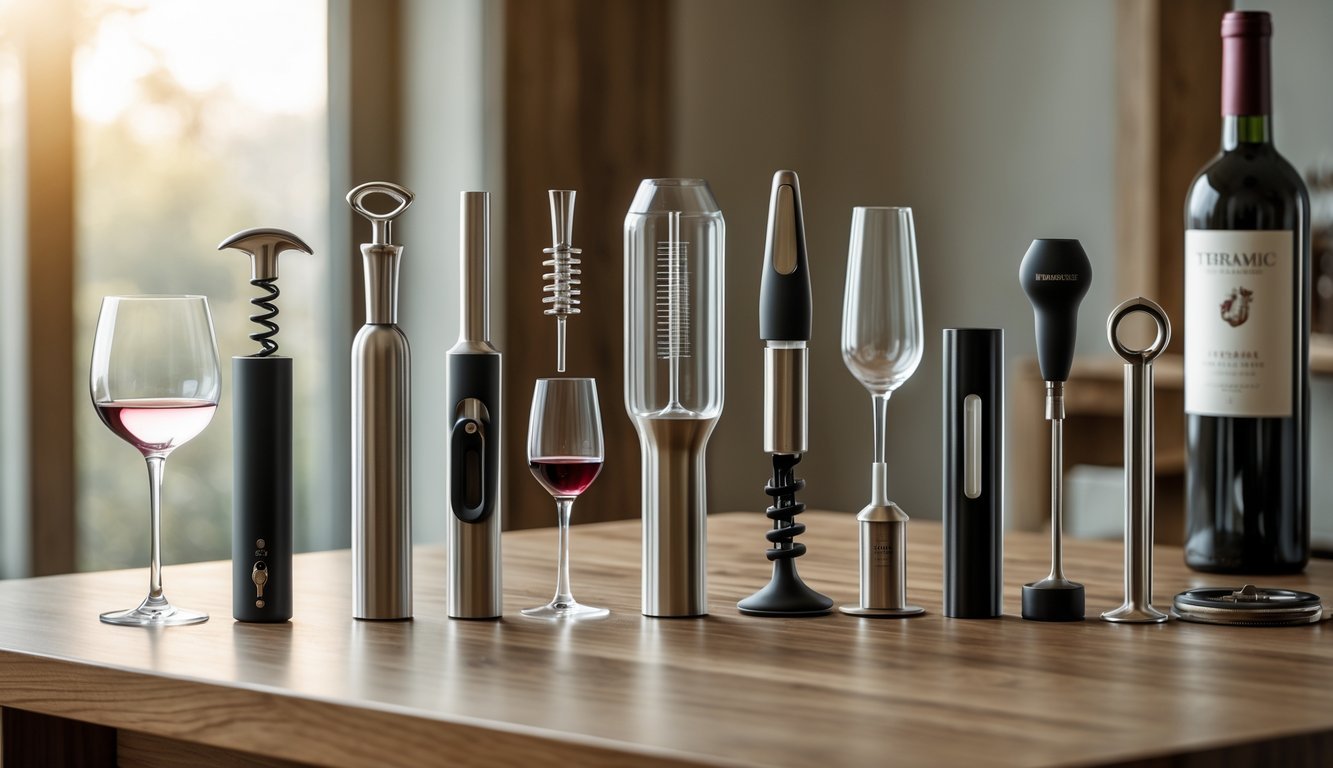 A wooden table displaying twelve essential wine tools arranged neatly alongside a glass and bottle of red wine.