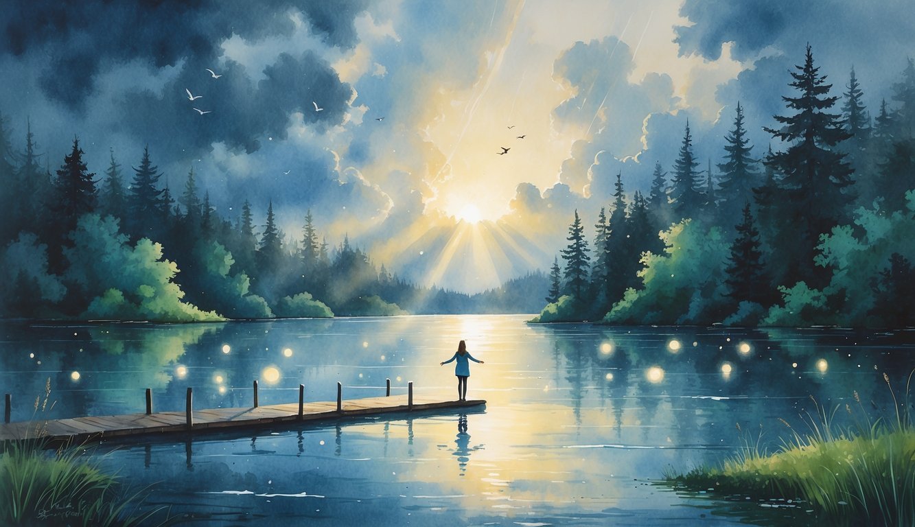 A person standing on a dock by a calm lake at sunrise with dark clouds parting and birds flying overhead, surrounded by trees.