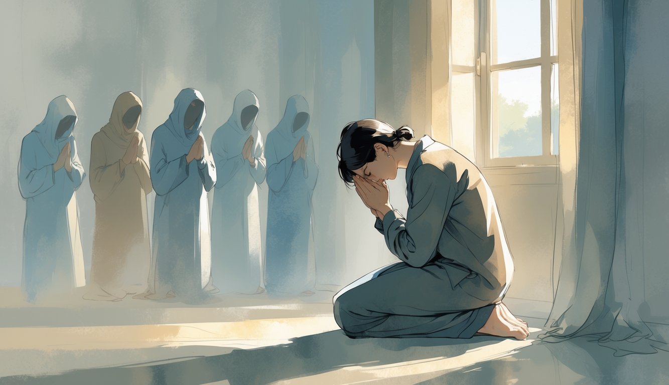 A person kneeling in prayer inside a softly lit room, appearing humble and thoughtful with folded hands and downcast eyes.