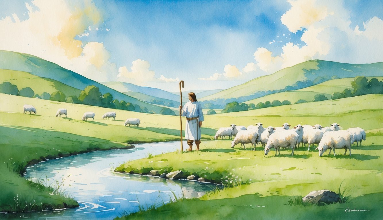 A shepherd watching over a flock of sheep in a peaceful green meadow with hills and a stream in the background.