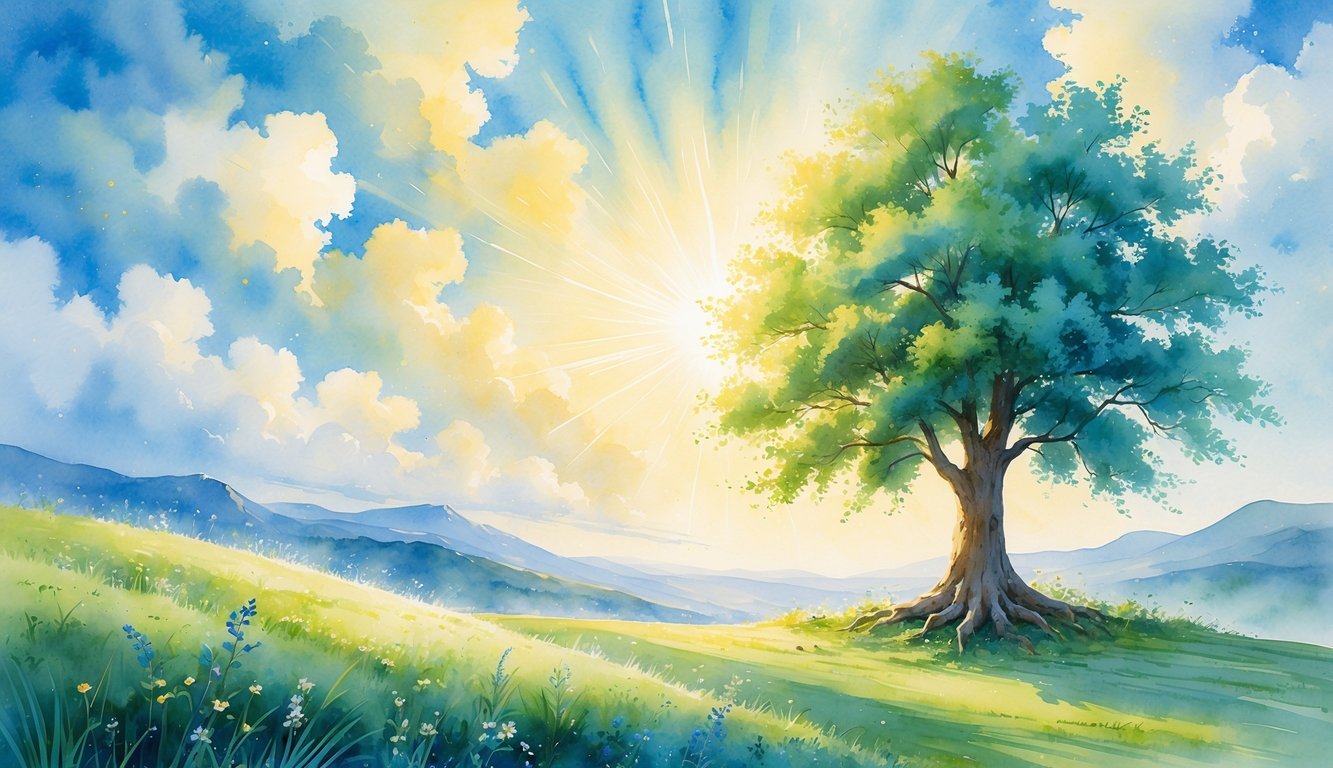 A strong tree on a hill with sunlight breaking through clouds, surrounded by wildflowers and distant mountains.