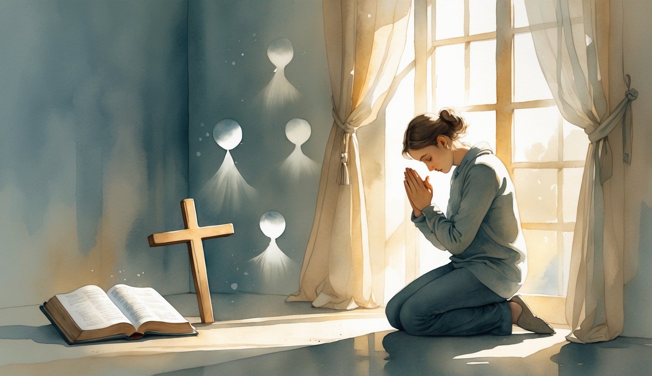 A person kneeling in prayer beside a window, hands clasped and eyes closed, surrounded by faint abstract shapes representing distractions.