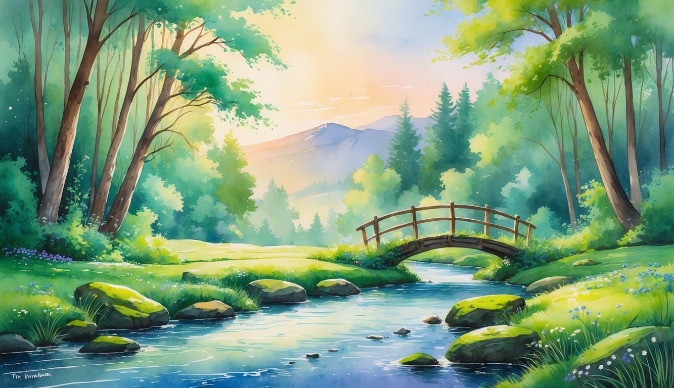 A peaceful forest scene with a gentle stream flowing under a small wooden bridge, surrounded by trees, wildflowers, and distant mountains under a calm sky.