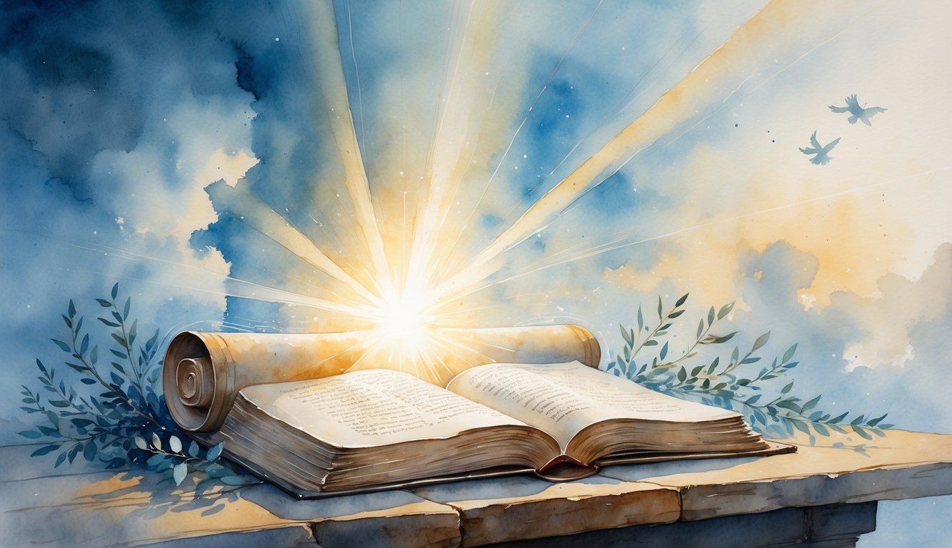 An open ancient book glowing with radiant light surrounded by misty clouds and a calm sky at dawn.
