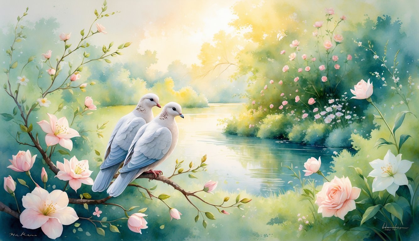 Two doves perched on a flowering branch overlooking a calm river flowing through a garden with blooming flowers under warm sunlight.