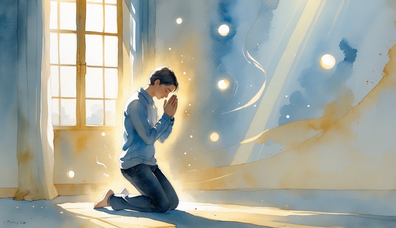 A person kneeling in prayer inside a softly lit room with sunlight coming through a window, surrounded by faint glowing symbols and gentle light suggesting a peaceful presence nearby.