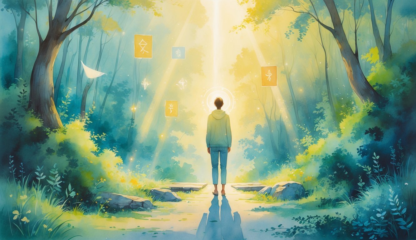 A person standing at a forest crossroads with light shining through the trees, surrounded by glowing symbols representing guidance.