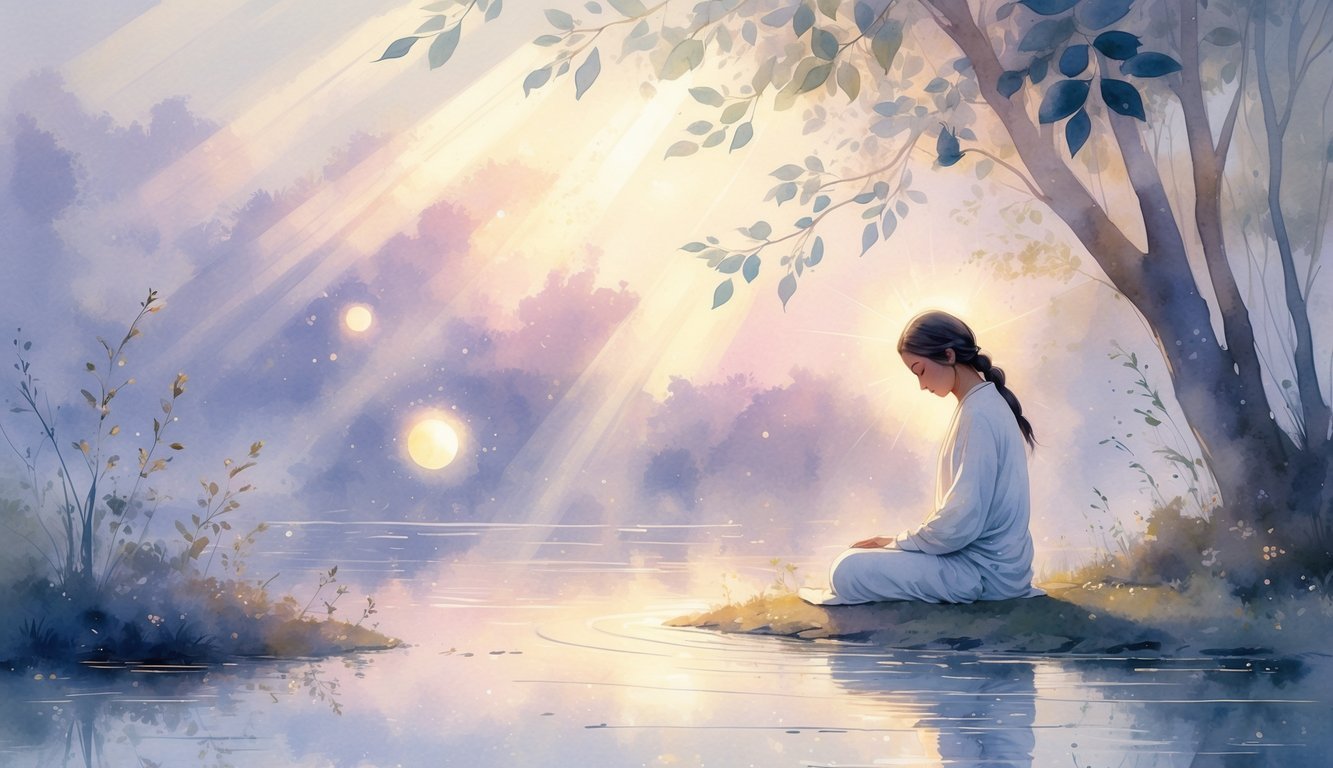 A person sitting quietly outdoors in early morning light, surrounded by soft sunlight and calm water, appearing peaceful and reflective.