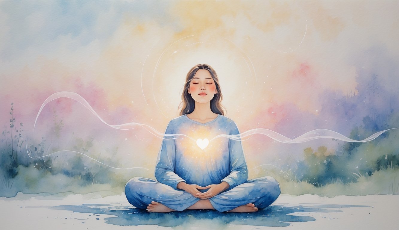 A person sitting peacefully with eyes closed, surrounded by soft glowing light and gentle waves radiating from their heart in a calm natural setting at dawn.
