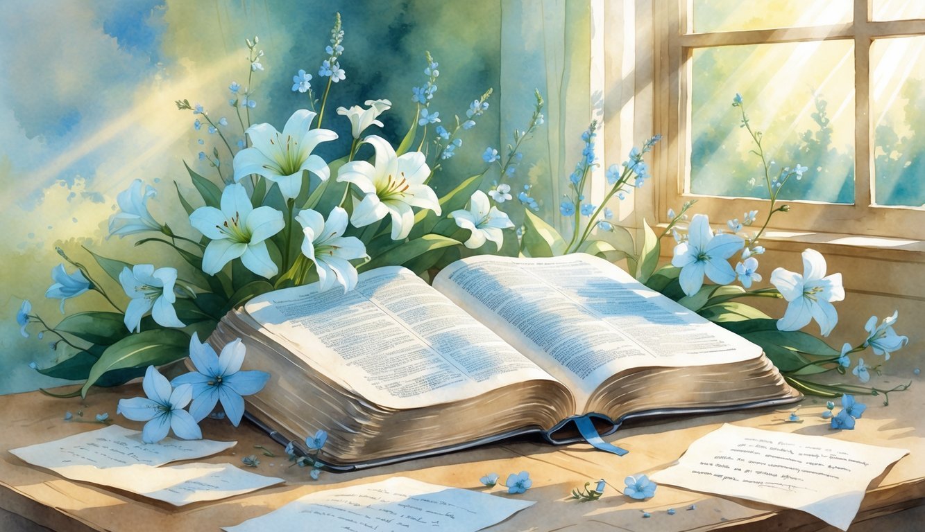 A peaceful study corner with an open Bible on a wooden table surrounded by flowers and sunlight coming through a window.