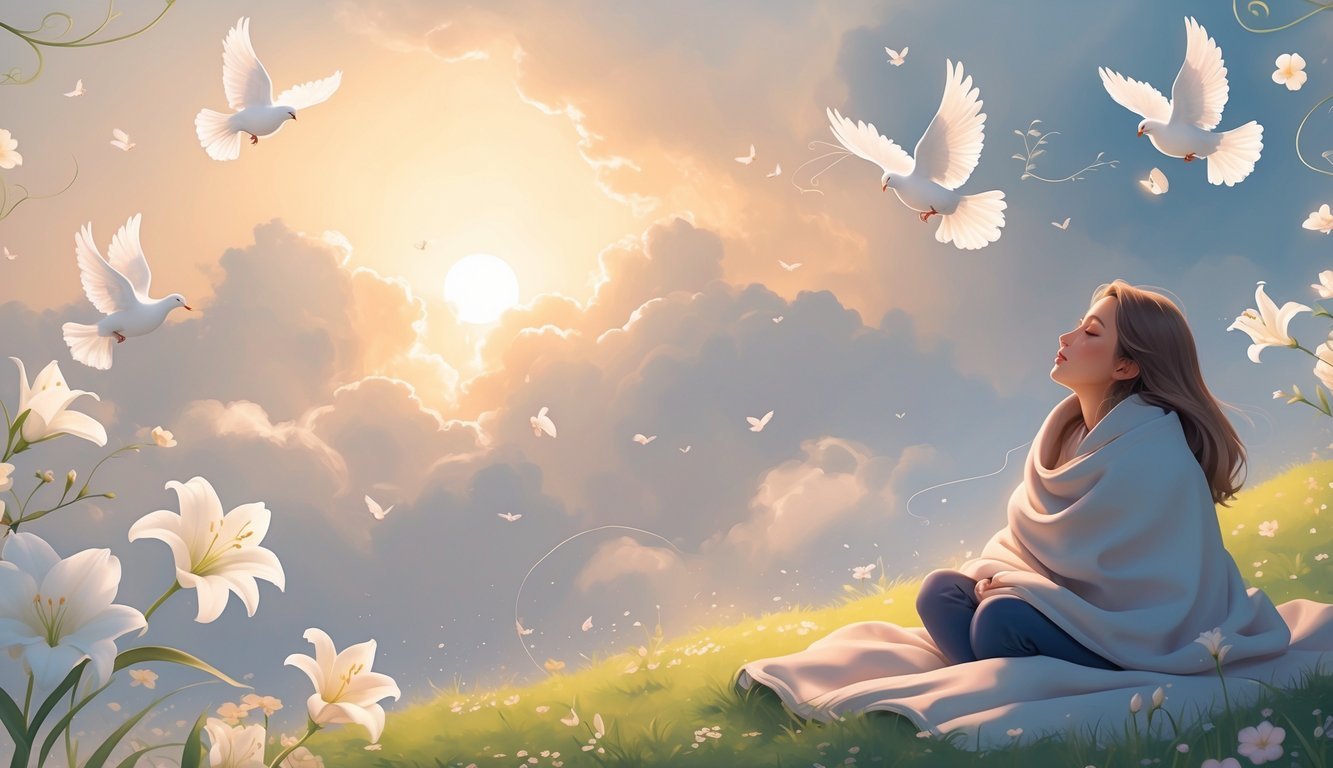 A person sitting peacefully on a grassy hill surrounded by doves and soft flowers under a warm light breaking through clouds.