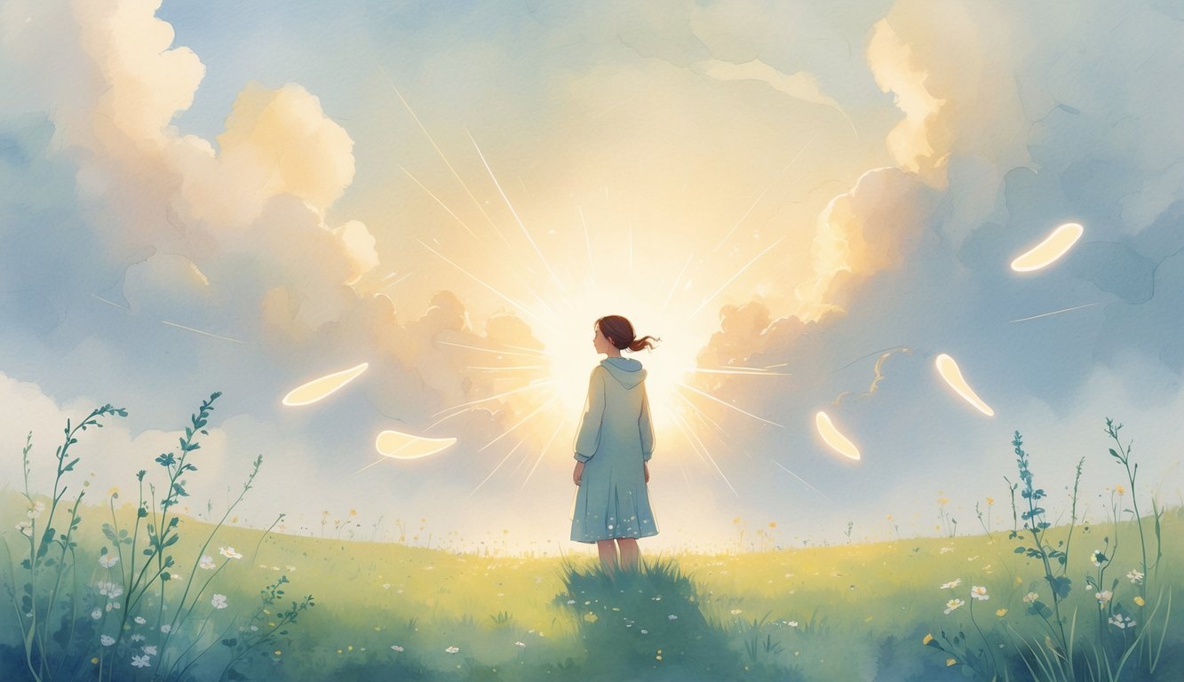 A person standing peacefully in a sunlit meadow with soft glowing light and gentle clouds, surrounded by floating ethereal shapes and wildflowers.