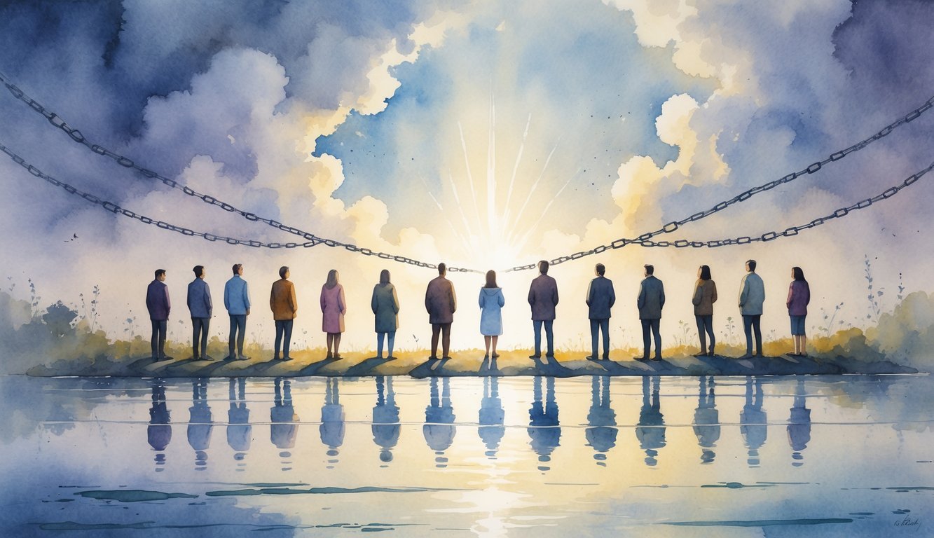 A group of people standing by a calm lake looking toward a bright light breaking through clouds, surrounded by soft colors and a peaceful atmosphere.