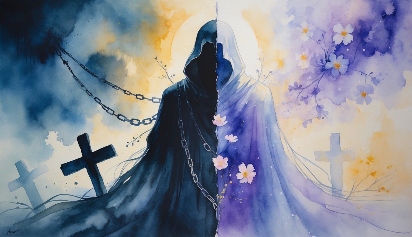A symbolic scene showing a dark figure representing judgment on one side and glowing light with open hands and flowers representing forgiveness on the other, blending together in a peaceful setting.