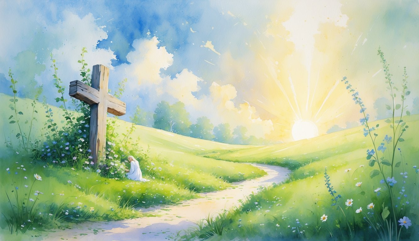 A peaceful natural scene with a winding path through a green meadow leading toward a glowing light in the sky, featuring a small wooden cross and a figure kneeling in quiet reflection.