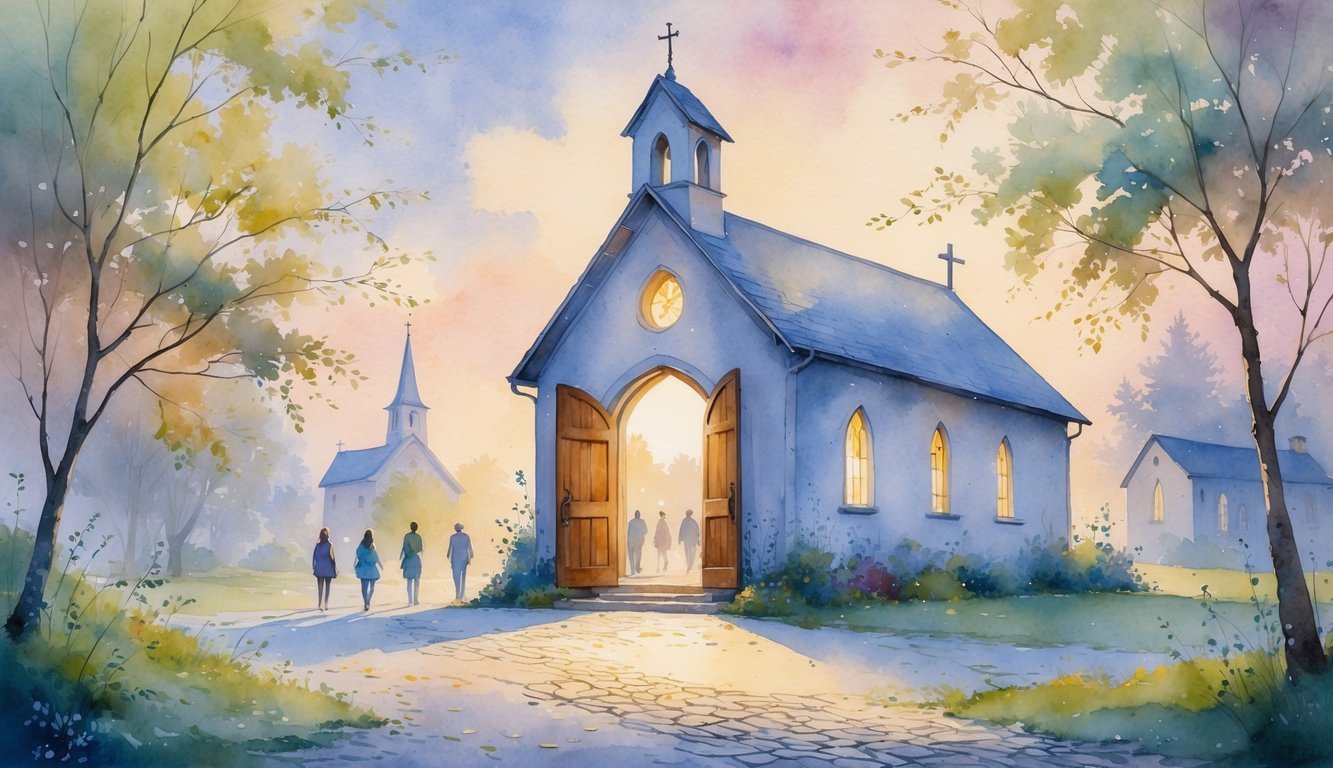 A peaceful village church with an open door and people walking toward it along a cobblestone path at dawn.