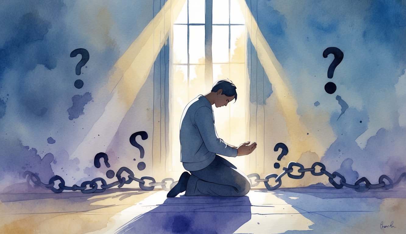 A person kneeling in prayer in a softly lit room with sunlight coming through a window, surrounded by faint shapes symbolizing doubts and false beliefs.