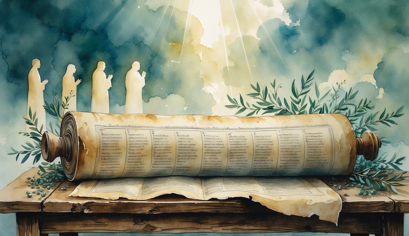 An ancient genealogy scroll on a wooden table surrounded by faint ancestral figures, olive branches, and soft rays of light shining through clouds.