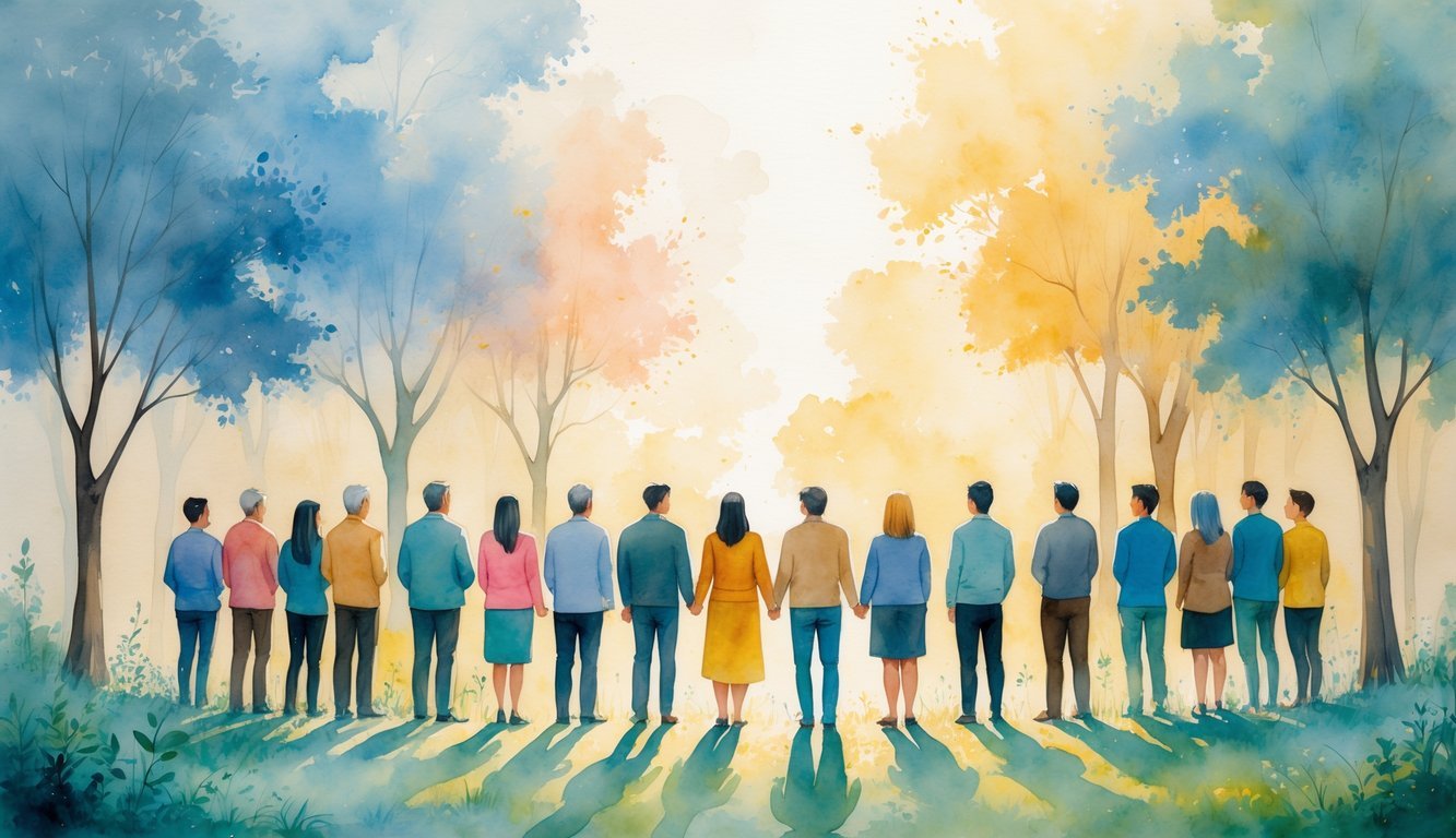 A diverse group of people standing together peacefully in a natural setting with soft light and trees around them.