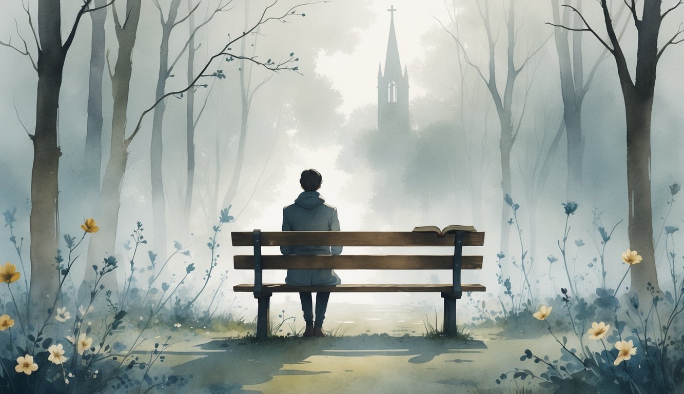 A person sitting alone on a bench in a quiet garden with fading flowers and bare trees, surrounded by soft light and shadows, suggesting a moment of deep reflection.