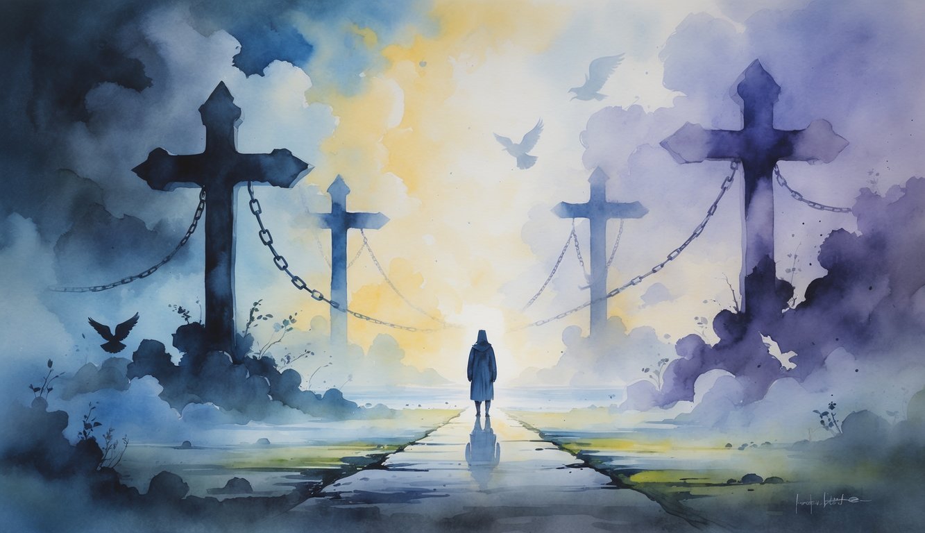 A person stands at a misty crossroads with one path dark and stormy and the other path bright and peaceful, surrounded by symbols of chains breaking and doves flying.