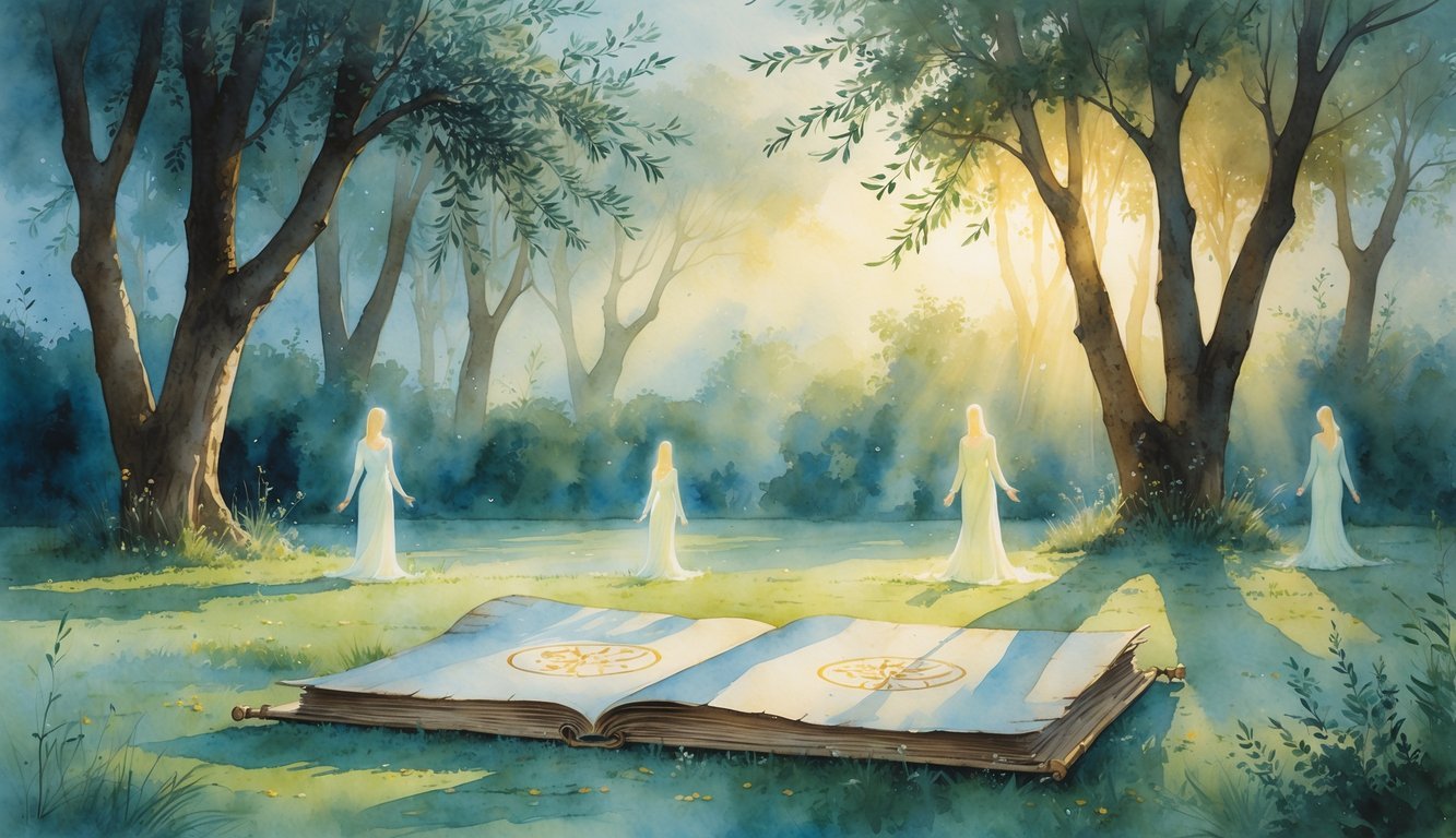 A peaceful garden at sunrise with an open ancient scroll glowing softly, surrounded by faint, floating figures symbolizing spiritual insight.