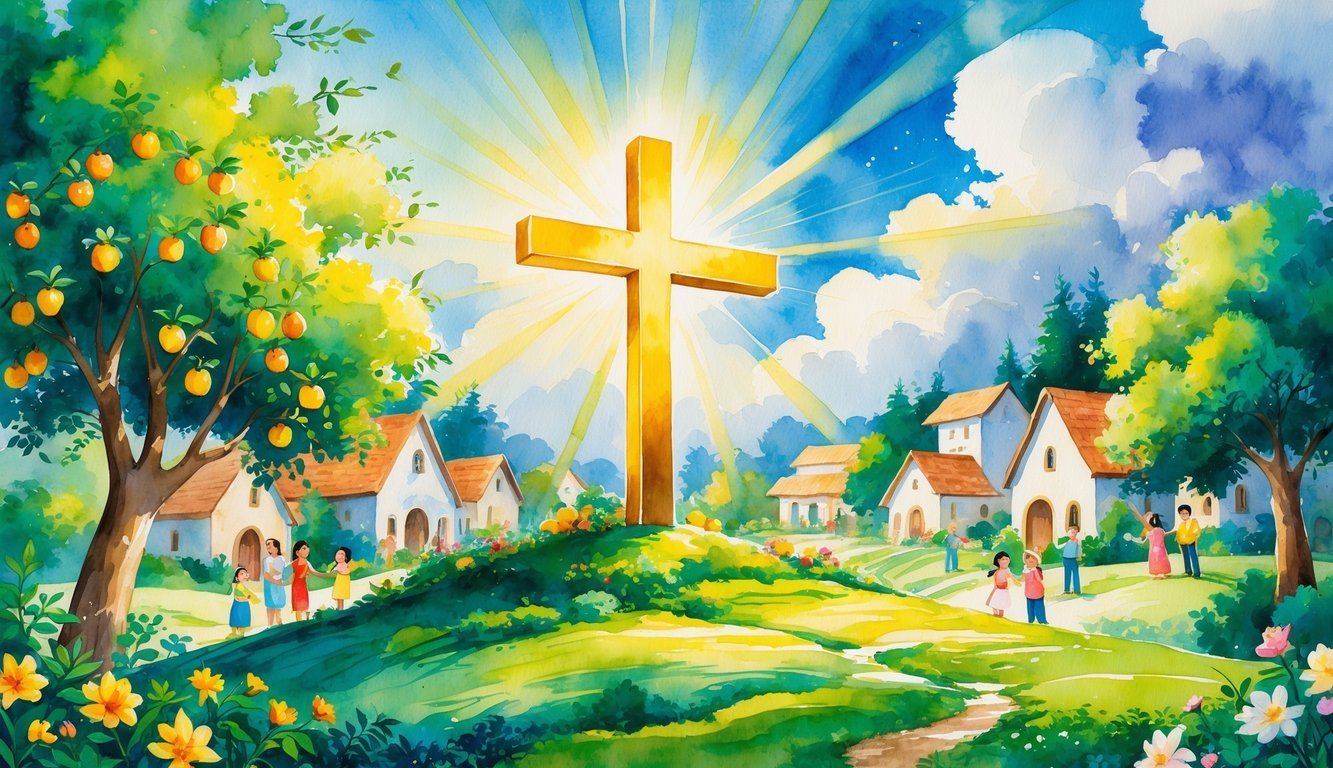 A golden cross on a green hill with fruit trees and blooming flowers, sunlight breaking through clouds over a peaceful village with people sharing and helping each other.