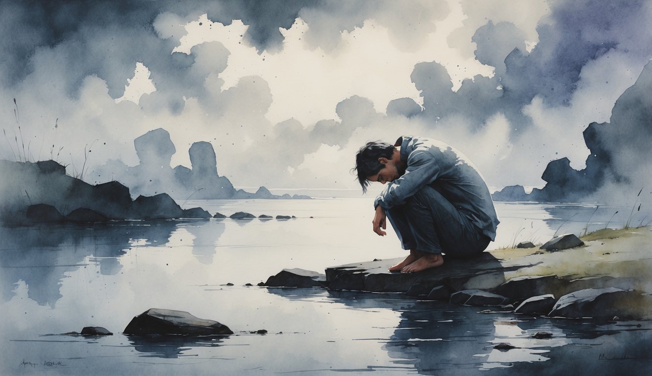 A person sitting alone on a rocky shore under a cloudy sky, looking down with a heavy and thoughtful expression, surrounded by calm dark water and misty shapes on the horizon.