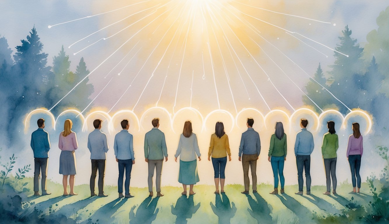 A group of diverse people standing together in a peaceful forest clearing with glowing auras around them and a warm light shining above.