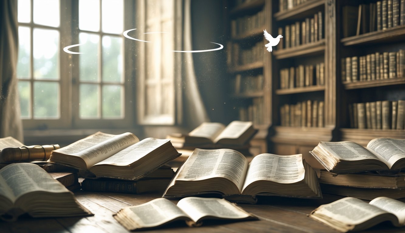 A quiet study with open ancient books on a wooden table near a window, with soft light and subtle religious symbols in the background.