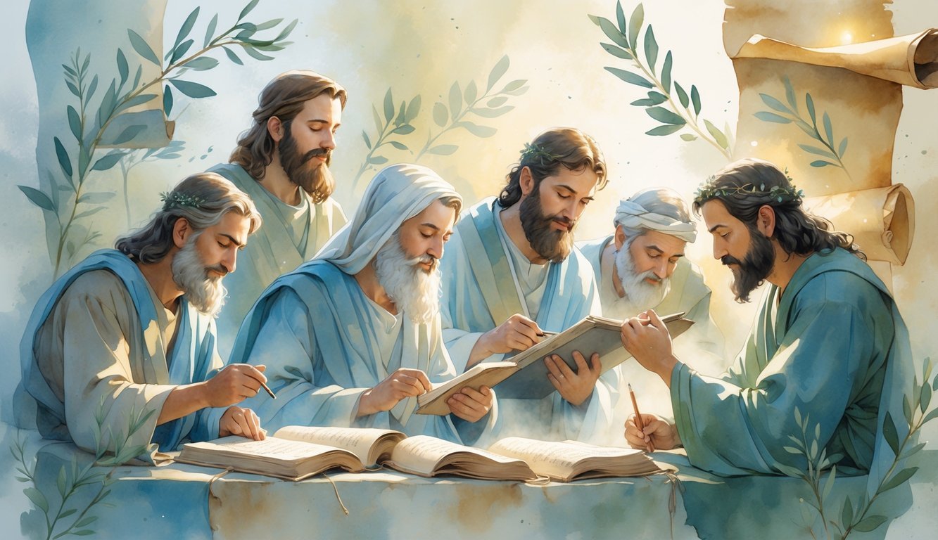 A peaceful scene showing several lesser-known biblical characters reading and reflecting, surrounded by ancient scrolls and symbolic light, suggesting hidden spiritual wisdom.