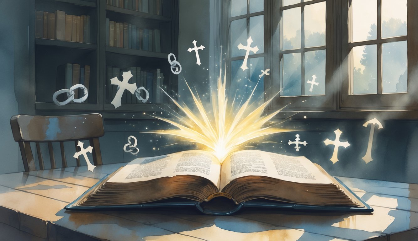 An open ancient book on a wooden table with glowing light coming from its pages, surrounded by faint shadows of broken chains and distorted crosses in a quiet room with soft light.