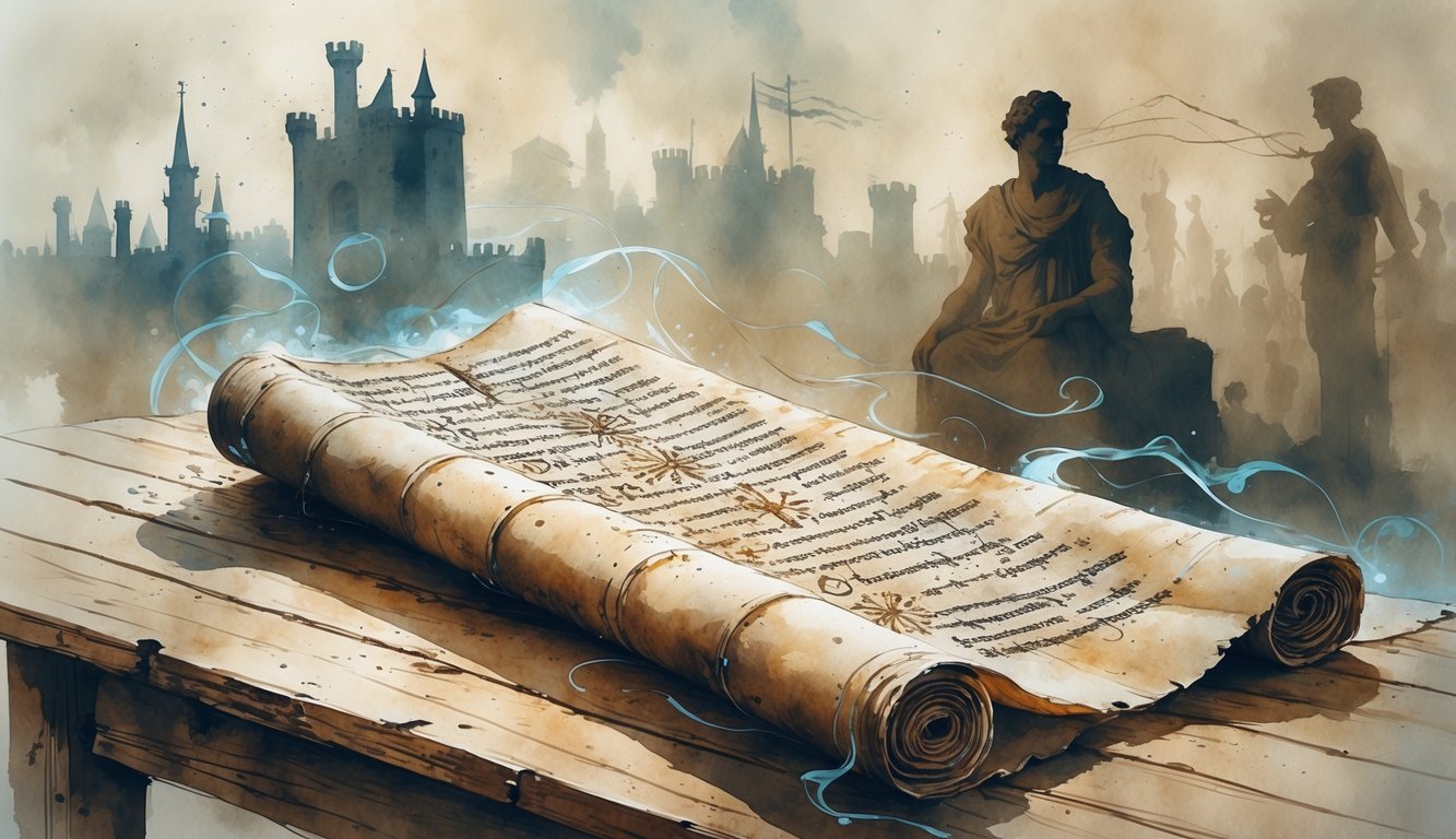 An ancient parchment with cryptic symbols surrounded by faint images of historical events like a castle, a ship, and a statue, all blending softly into the background.