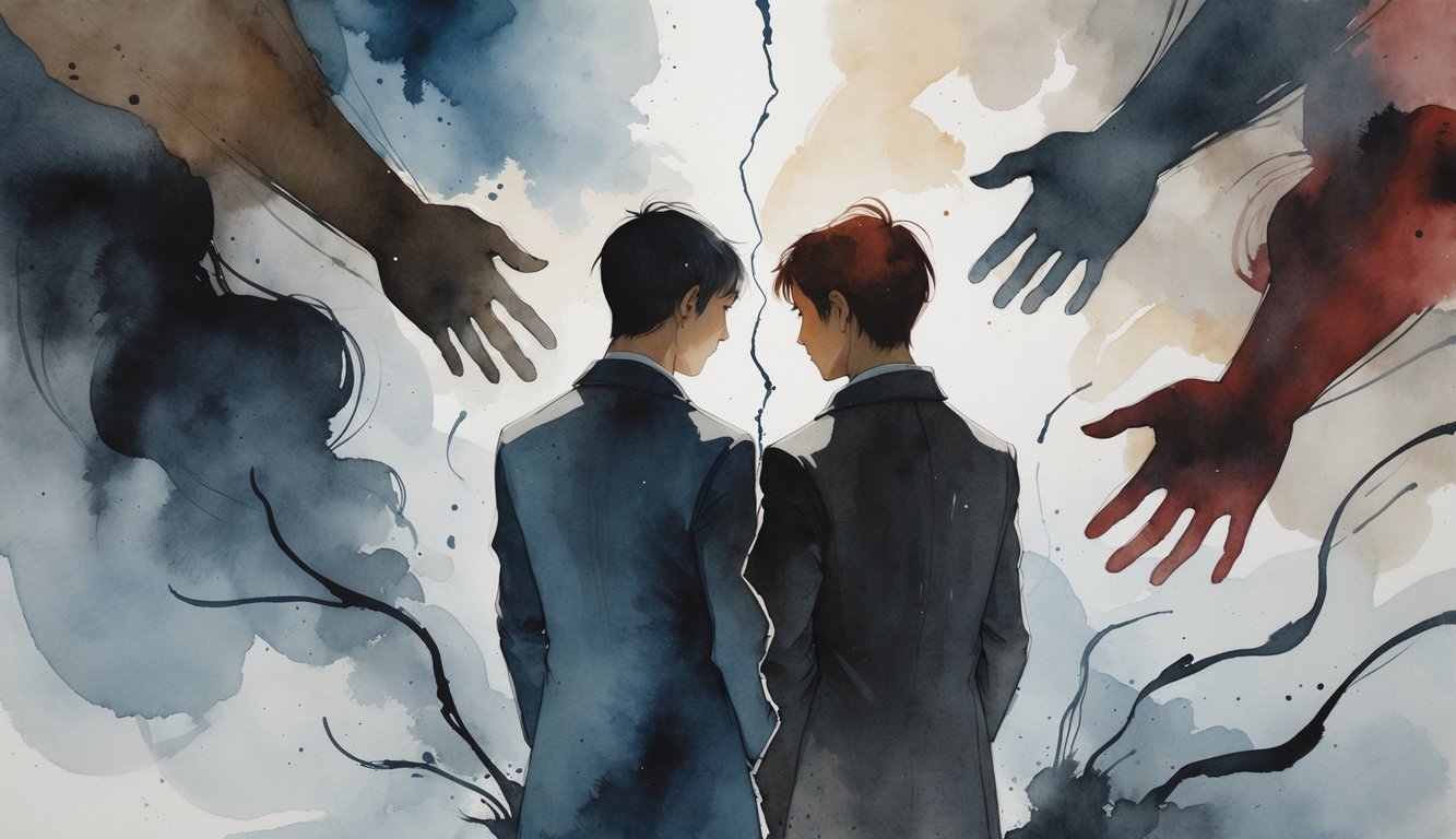 Two people standing back-to-back with sad expressions, separated by a crack between them, surrounded by abstract shapes and muted colors suggesting emotional tension and disconnection.