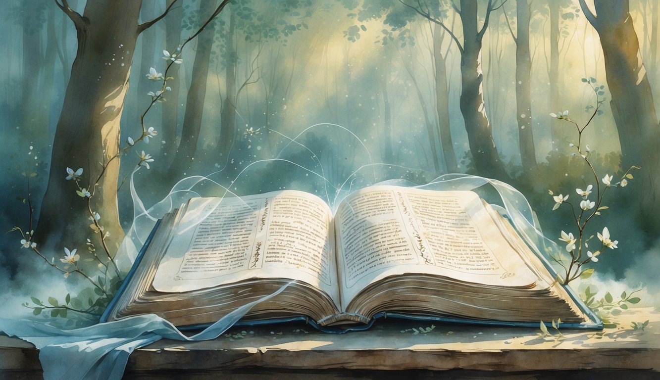 An open ancient book on a wooden table surrounded by glowing light and delicate vines, set against a peaceful forest background with sunlight filtering through the trees.