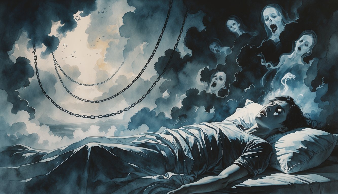 A person lying awake in bed surrounded by dark swirling shapes and faint glowing symbols, conveying a sense of distress and spiritual struggle.