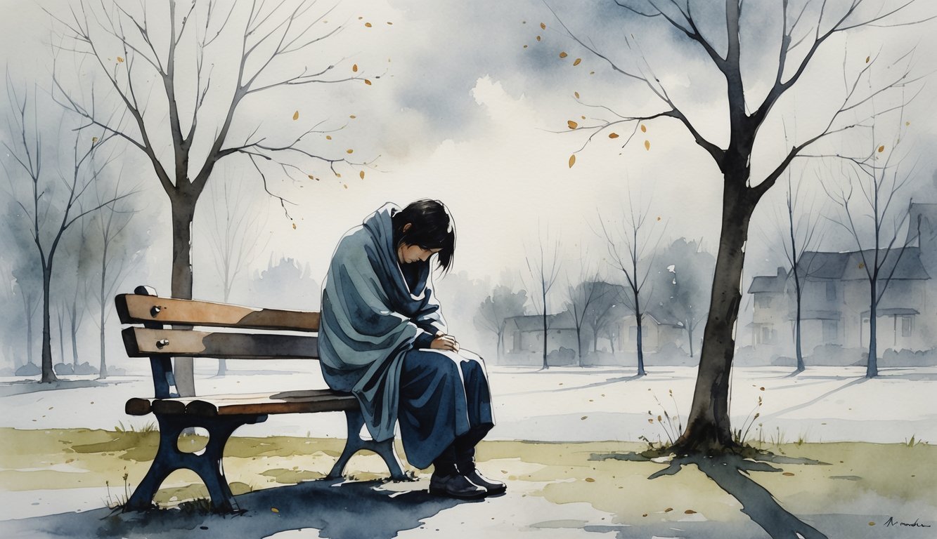 A lone person sitting on a bench in an empty park surrounded by bare trees and distant houses, looking down with a withdrawn posture.