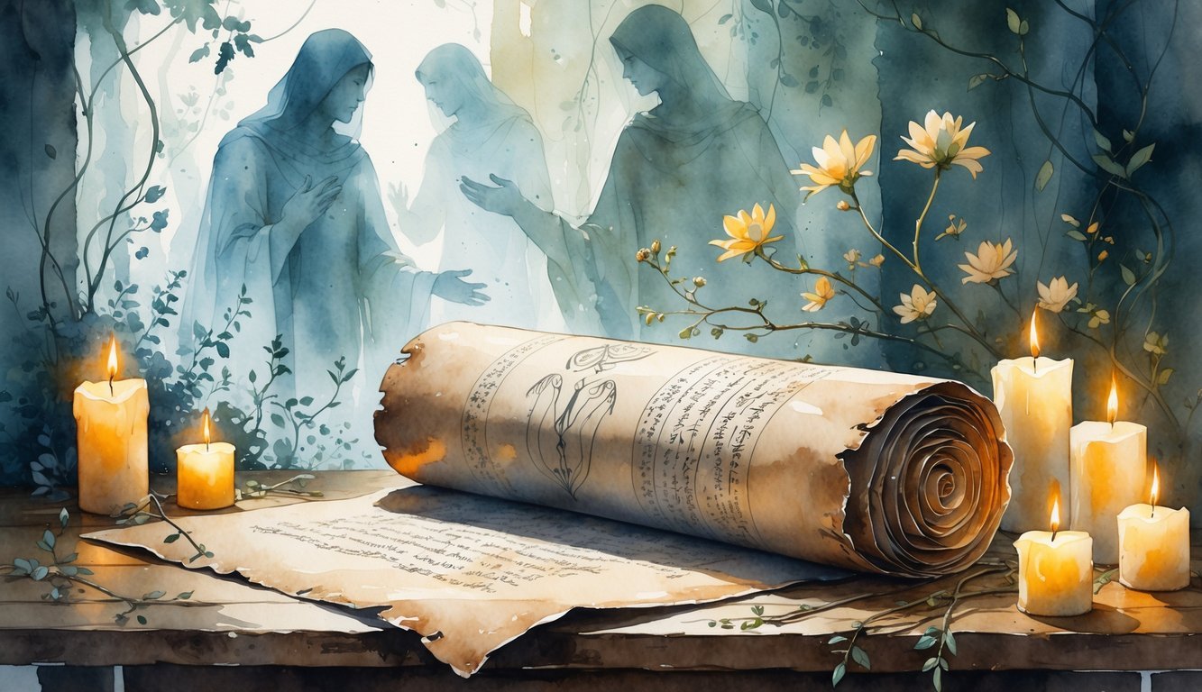 An ancient scroll with cryptic symbols lies on a table surrounded by glowing candles, with faint ghostly figures and blooming vines in the background.