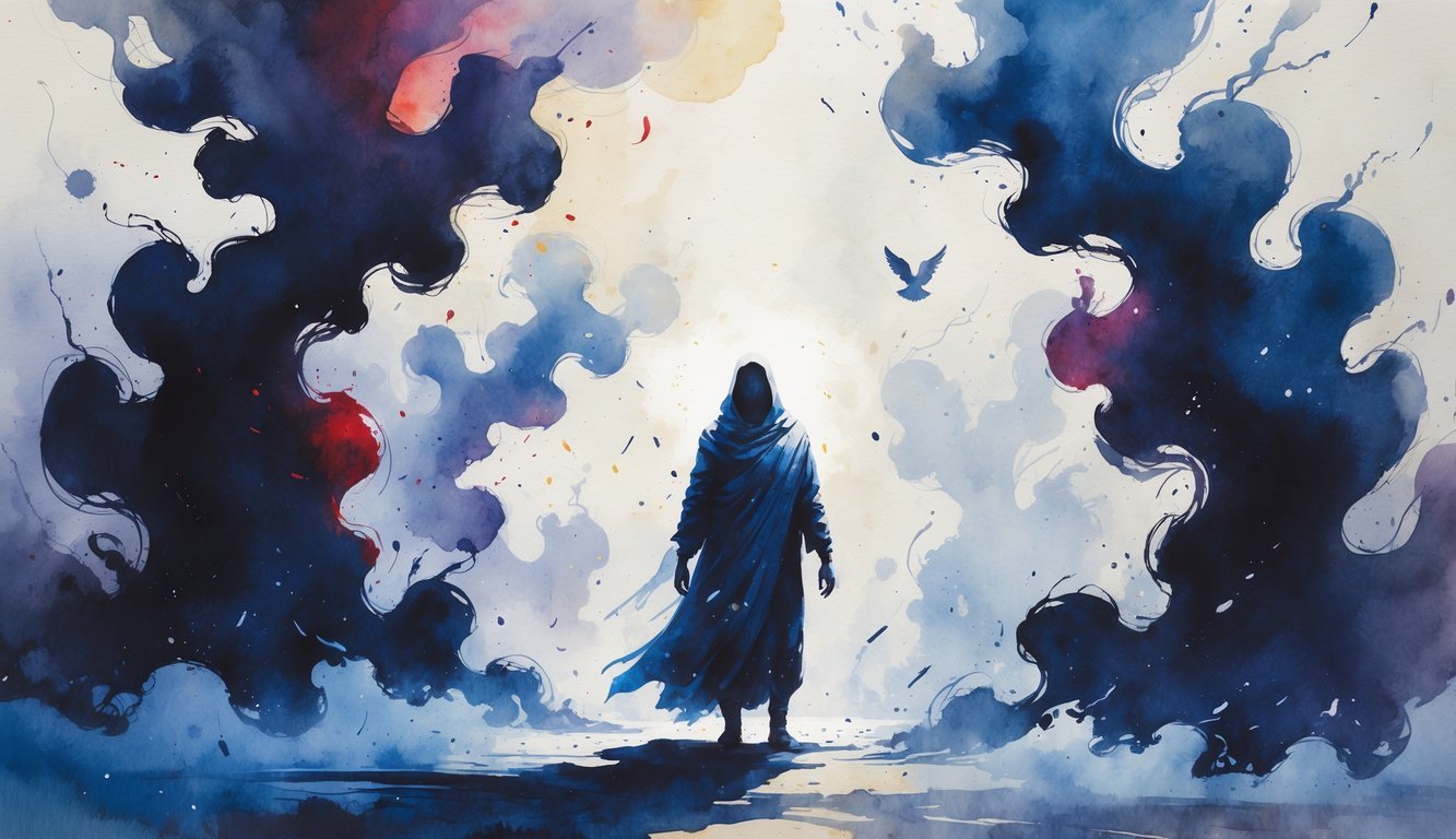 A person standing surrounded by dark swirling shapes with glowing symbols of faith around them, conveying a sense of spiritual struggle and protection.